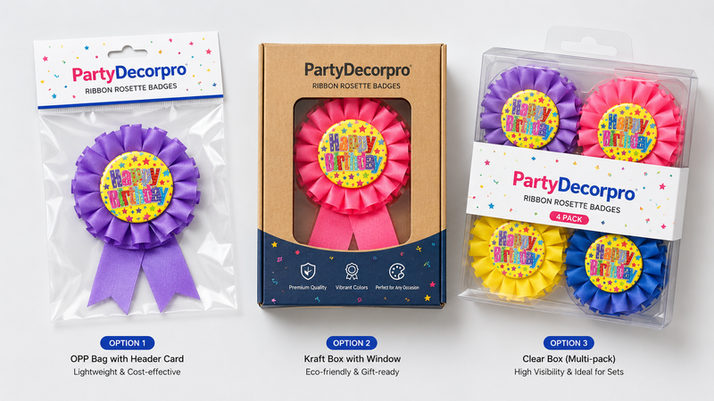 Custom Ribbon Rosette Badge Packaging Solutions with Header Card Bag Kraft Window Box and Clear Display Box