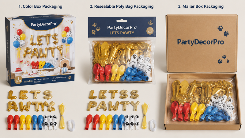 Custom balloon kit packaging solutions with color box, poly bag, and mailer box options