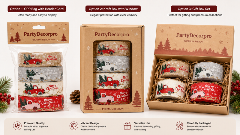 Custom Christmas Ribbon Packaging Options with Header Card OPP Bag Kraft Window Box and Premium Gift Box Set