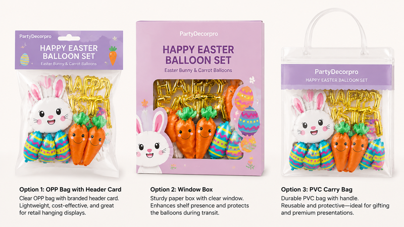 Custom packaging options for uninflated Easter balloon sets with clear bags, window boxes, and PVC carry bags