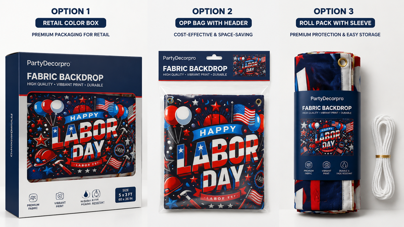 Custom fabric backdrop packaging options including color box, header card poly bag, and roll pack sleeve for branded event decoration products.