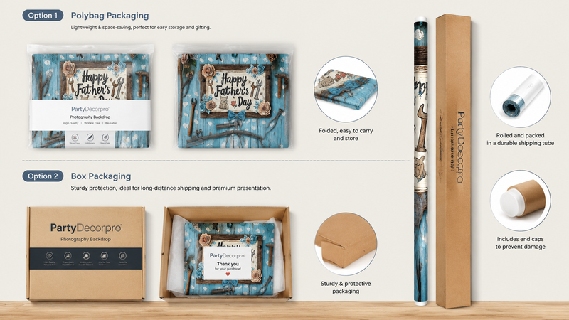 Father's Day photography backdrop packaging solutions featuring polybag, gift box, and mailing tube options with custom branding and protective retail packaging