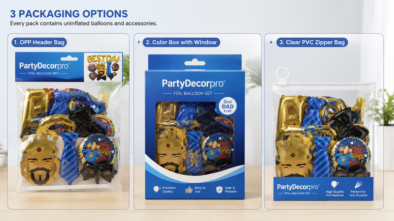 Custom foil balloon set packaging options with header bag, window box, and clear zipper bag designs