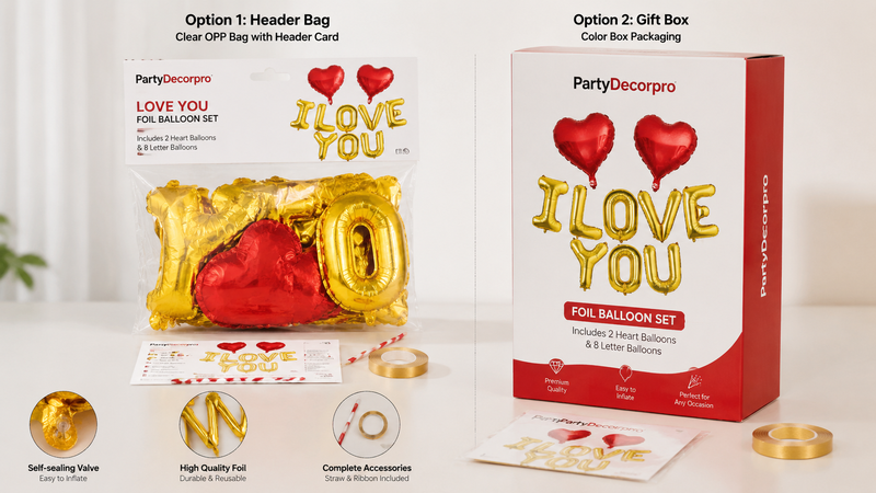 Custom foil balloon set packaging with clear bag and gift box solutions for retail branding