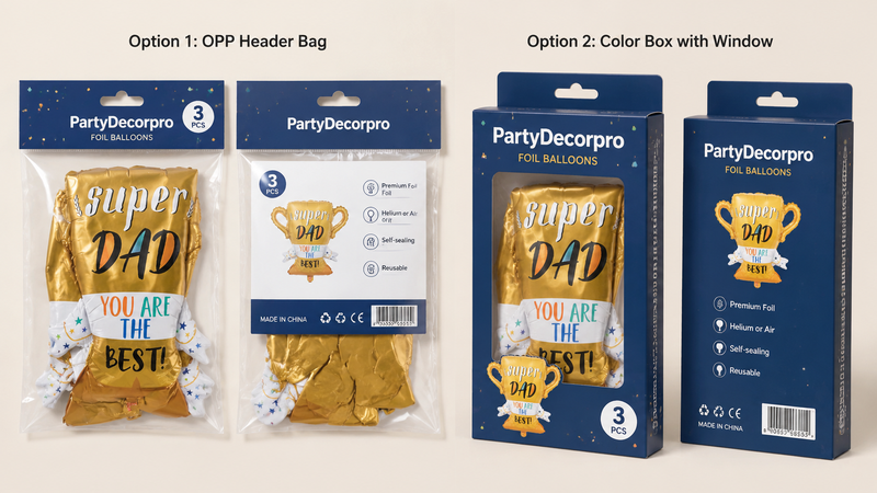 Custom foil balloon packaging solutions with clear bags and window boxes for branded party supplies