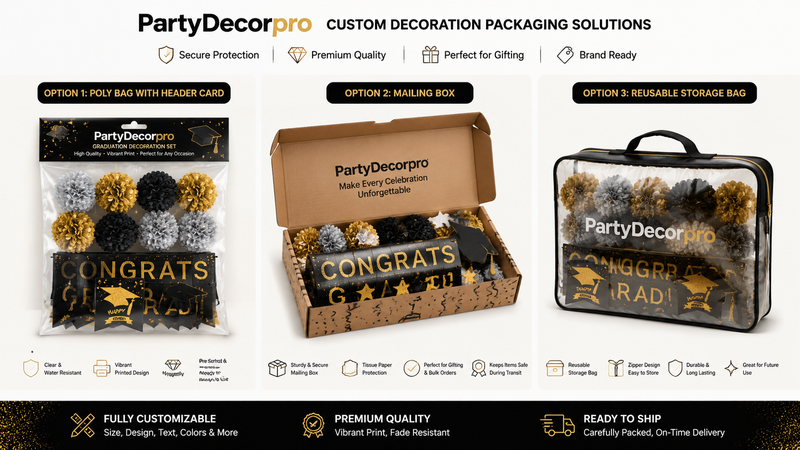 Custom Graduation Party Decoration Packaging Options Featuring Header Card Bag Gift Box and Reusable Storage Bag for Retail and Wholesale
