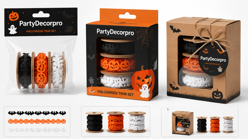 Custom Halloween trim packaging solutions with clear bags, window boxes and kraft gift boxes for wholesale seasonal decor products