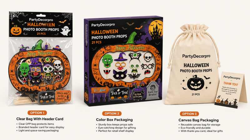 Custom Halloween Photo Booth Props Packaging Options Featuring Header Card Bag Color Box and Drawstring Storage Bag for Retail and Wholesale
