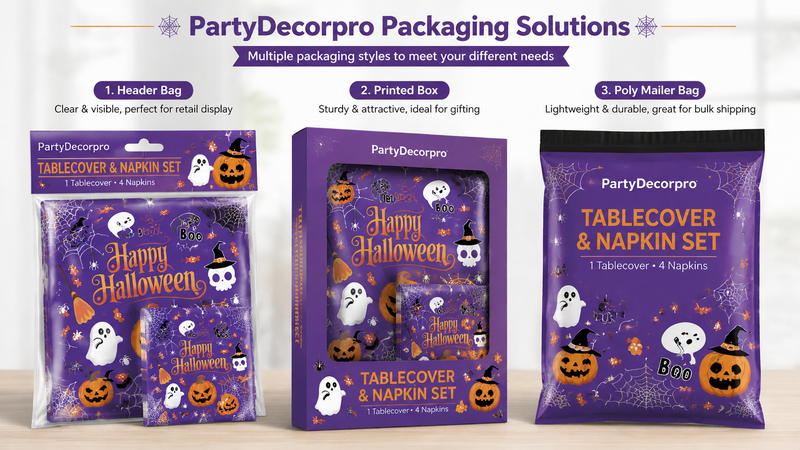 Custom Halloween tablecloth and napkin set packaging with bags and window boxes