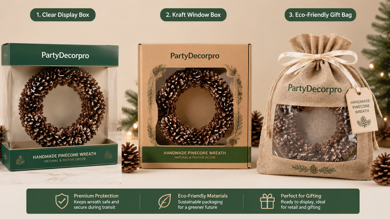 Custom pinecone wreath packaging solutions with display box, kraft window box and eco-friendly gift bag options