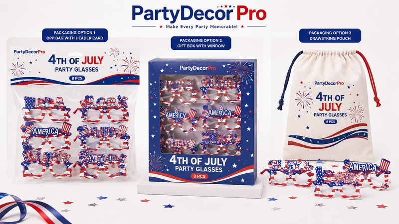 Custom Independence Day Party Glasses Packaging with Header Card Bags Window Gift Boxes and Drawstring Pouches