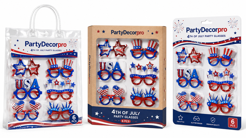 Custom Independence Day Party Glasses Packaging with Clear PVC Bags Kraft Window Boxes and Blister Card Packaging