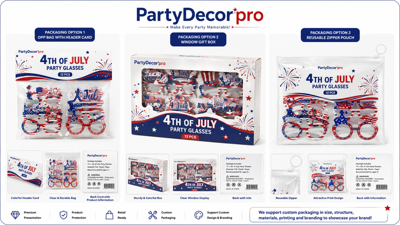 Custom Independence Day Party Glasses Packaging with Header Card Bags Window Gift Boxes and Reusable Zipper Pouches