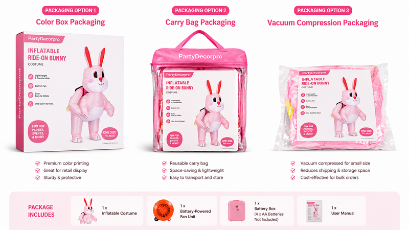 Inflatable Ride-On Bunny Costume Packaging Options Featuring Color Box Carry Bag and Vacuum Compression Bag for Retail and Wholesale Distribution