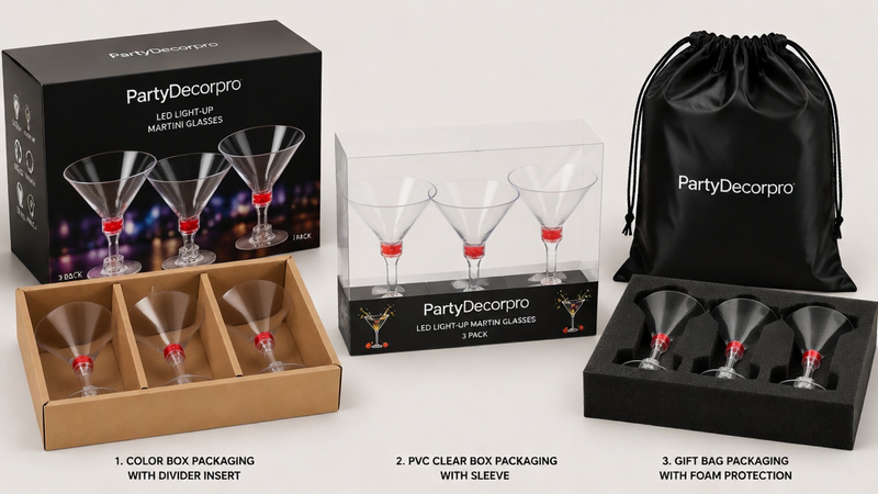 Customized packaging solutions for LED martini glasses with color box, clear display box and protective bag options