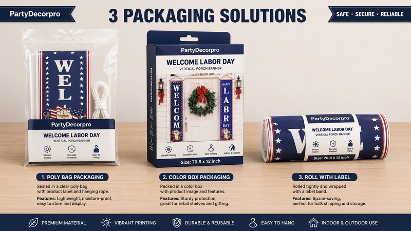 Labor Day banner packaging options including clear poly bag, color box, and roll-with-label for bulk and retail distribution