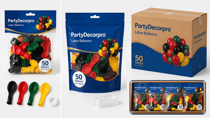 Custom latex balloon packaging solutions with retail bags pouches and bulk cartons for wholesale party supplies