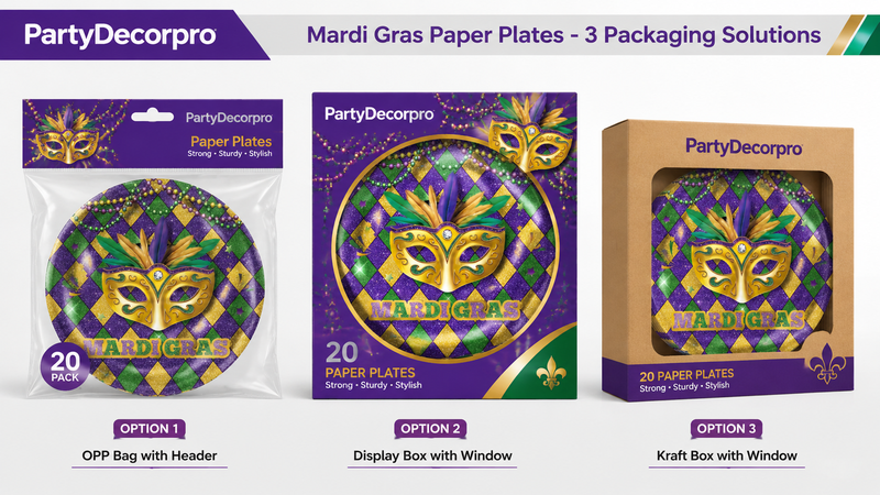 Mardi Gras paper plate packaging solutions with custom OPP bags, display boxes, and kraft window boxes for wholesale party supplies
