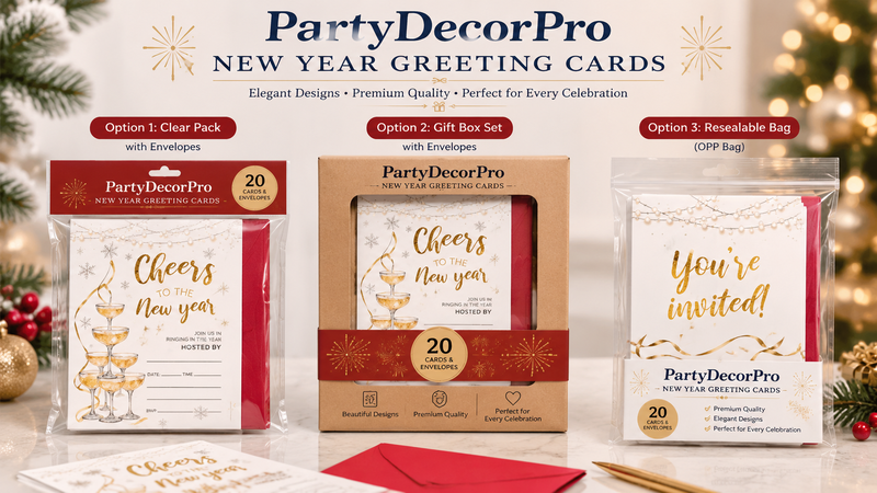 Custom New Year greeting card packaging options with clear packs gift boxes and resealable bags