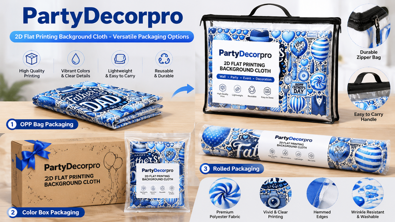 Multiple custom packaging options for party backdrop cloth including zipper storage bag, color box, poly bag, and rolled packaging for wholesale branding and retail display