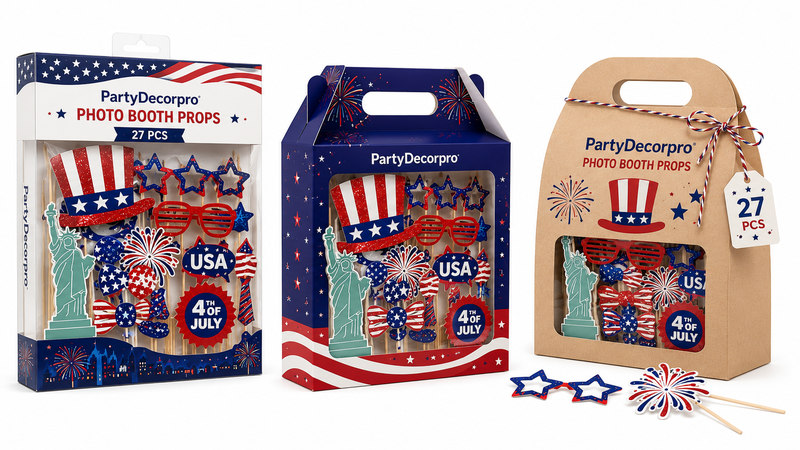 Custom Patriotic Photo Booth Props Packaging Featuring Window Display Box Carry Gift Box and Kraft Window Packaging