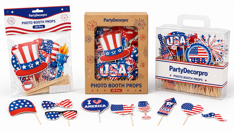 Custom USA Patriotic Photo Booth Props Packaging Featuring Header Card Bag Kraft Window Box and Clear Carry Display Box