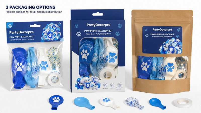 Custom balloon kit packaging solutions with clear bag, retail box, and kraft pouch designs for wholesale party decoration products