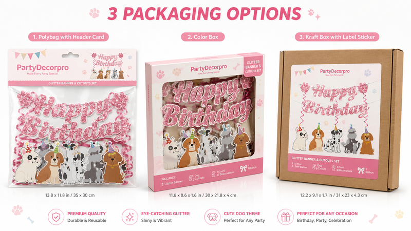Pet birthday party decoration kit packaging options including header card bag, color box, and kraft mailer box for custom branding.