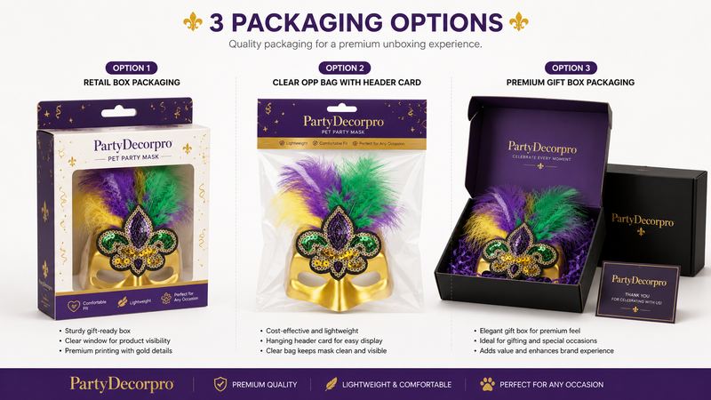 Custom pet party mask packaging solutions featuring retail box packaging, clear header bag packaging, and premium gift box packaging for branding, retail display, and gift presentation.