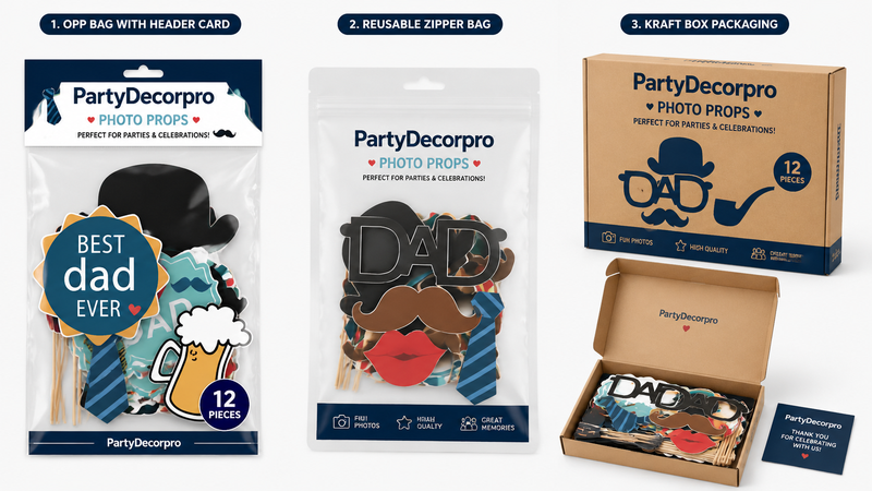 Three packaging options for photo booth props including header card bag, zipper pouch and kraft box for wholesale retail display