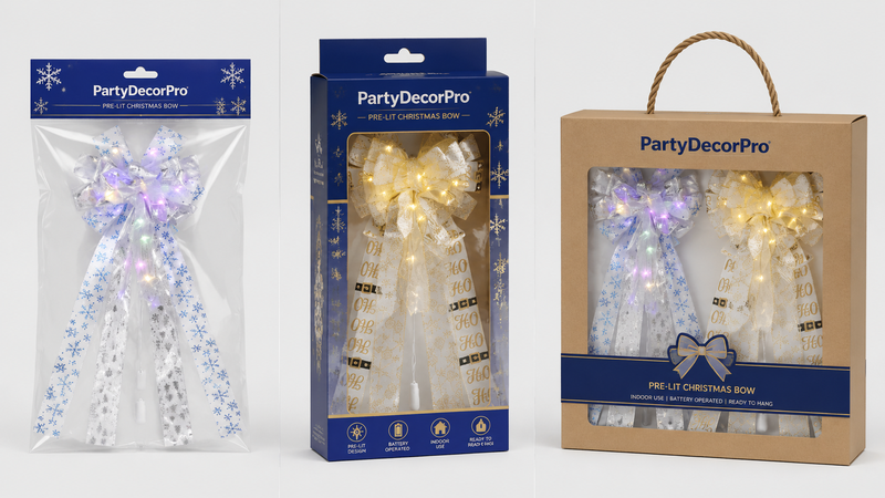 Custom pre-lit Christmas bow packaging solutions with clear bags and window gift boxes for wholesale decoration products