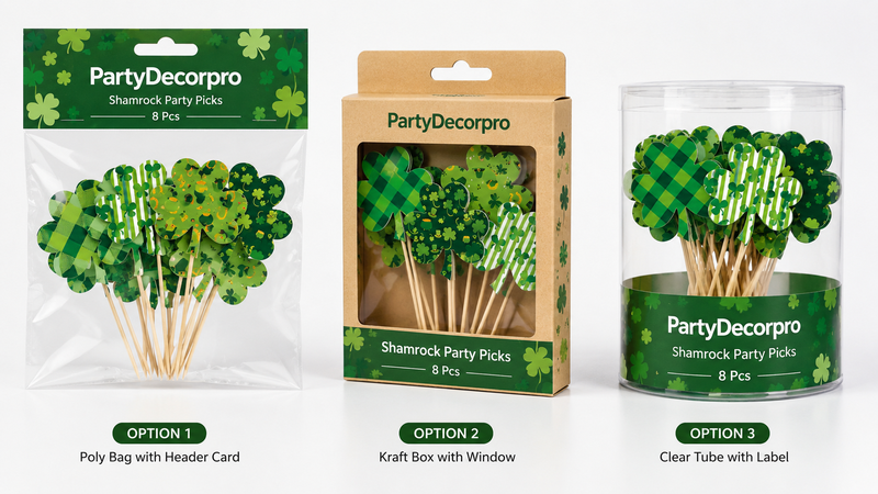 Custom shamrock party picks packaging options including header card poly bag, kraft window box, and clear tube container for retail display