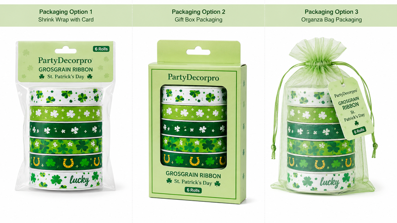 Custom St. Patrick's Day Grosgrain Ribbon Packaging Options with Header Bag Window Box and Organza Gift Bag