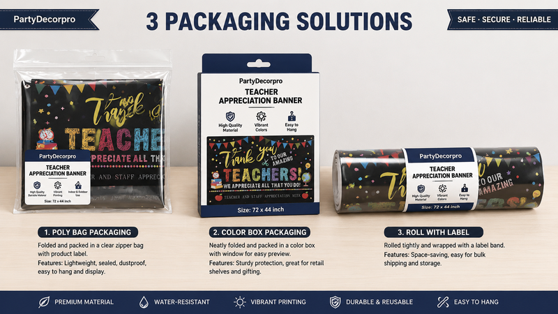 Custom teacher appreciation banner packaging options including poly bag packaging, retail color box, and roll label packaging for branded wholesale event banners