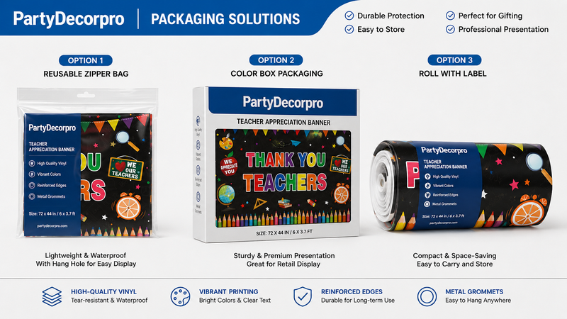 Teacher Appreciation Banner packaging options including zipper bag, retail color box, and roll label packaging for custom branded wholesale party backdrop banners