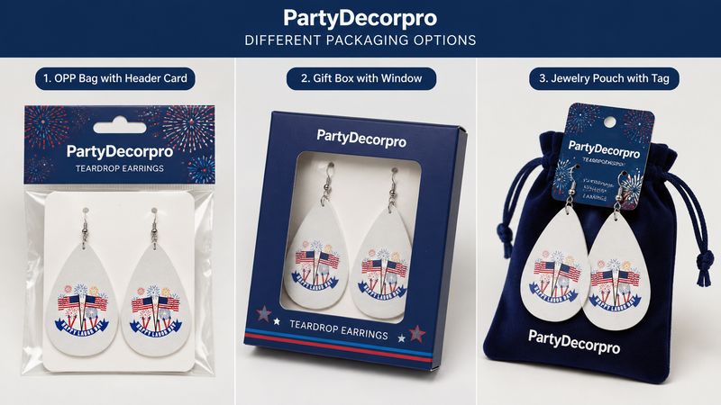 Custom packaging options for patriotic teardrop earrings with OPP bag, gift box and jewelry pouch designs