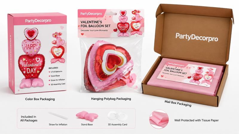 Custom Valentine’s foil balloon set packaging solutions with color box, polybag, and mail box options