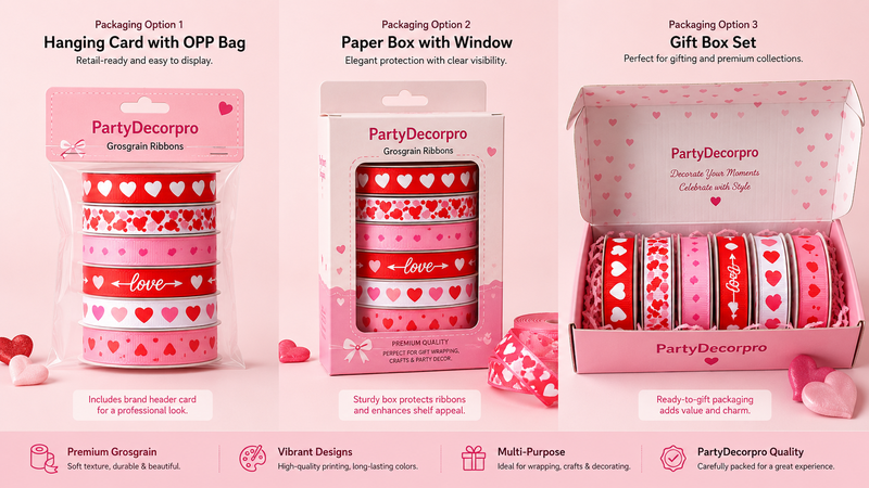 Custom Grosgrain Ribbon Packaging Options Including Header Card OPP Bag Window Box and Gift Box for Retail Display
