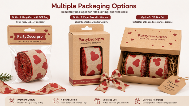 Custom Wired Edge Valentine Ribbon Packaging Options Including OPP Bag Kraft Window Box and Gift Box Set