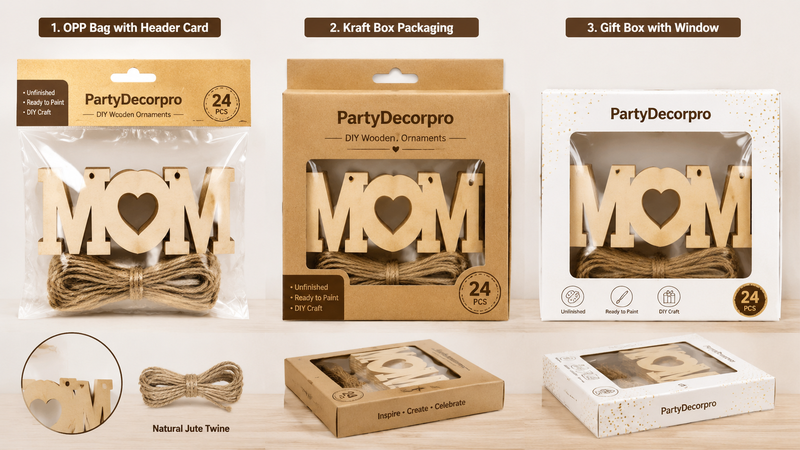 DIY wooden ornaments packaging options OPP bag kraft box gift box wholesale display packaging