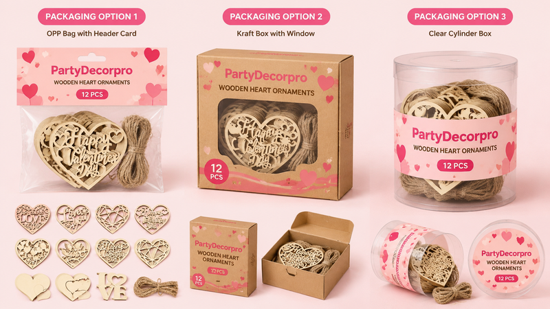 Custom packaging options for wooden heart ornaments including OPP bag, kraft box, and clear cylinder retail packaging.