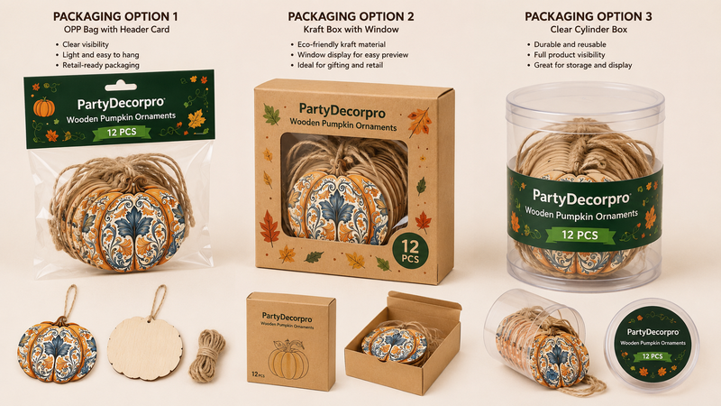 Custom packaging options for wooden pumpkin ornaments with OPP header bag, kraft window box, and clear cylinder.