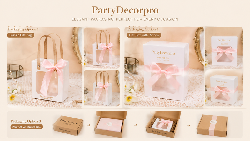 Custom gift packaging design options including gift bag, gift box and mailer box with elegant styling and branding customization
