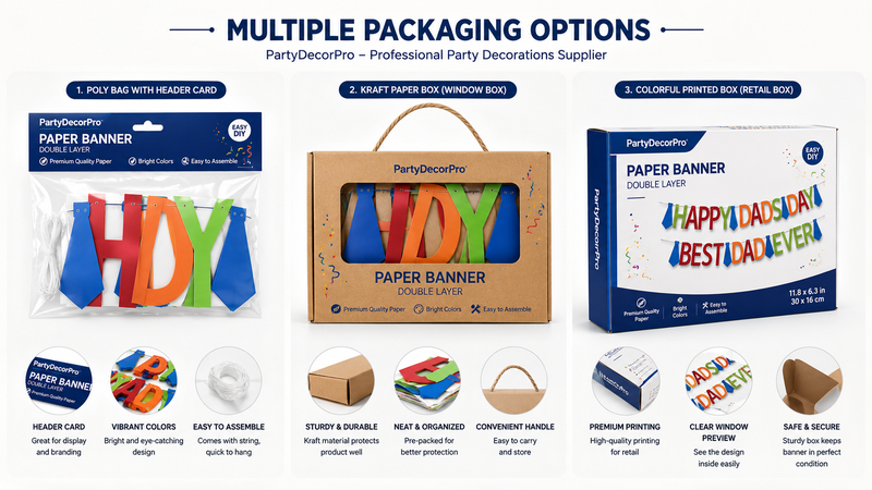 Custom paper banner packaging options including color box, header card bag, drawstring pouch, and gift packaging for wholesale party supplies