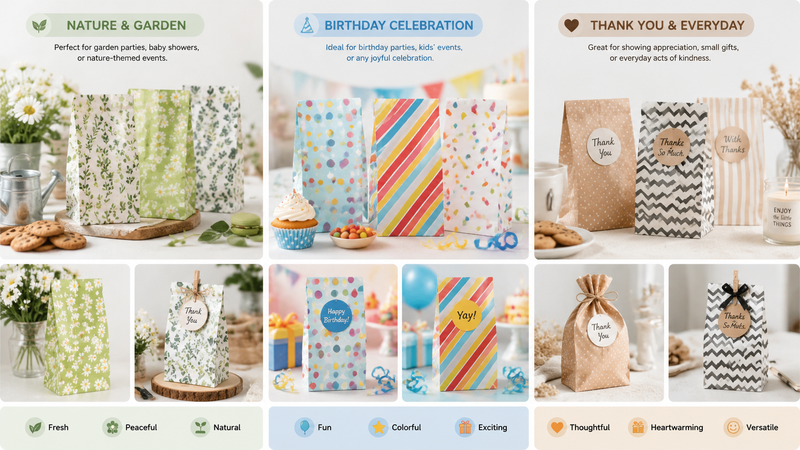 Custom themed paper gift bag packaging concepts featuring nature, birthday, and thank you designs with premium printed patterns for retail and promotional packaging solutions