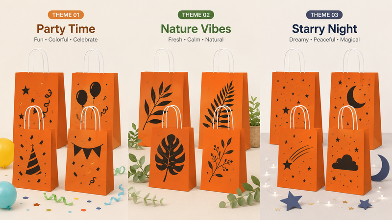 Custom themed paper gift bag design concepts featuring party, botanical and starry night patterns with durable handles