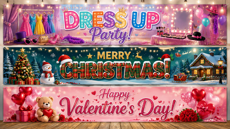 Three themed party backdrop banner designs featuring Dress Up Party, Christmas and Valentine's Day with immersive festive backgrounds and vibrant decorative elements.