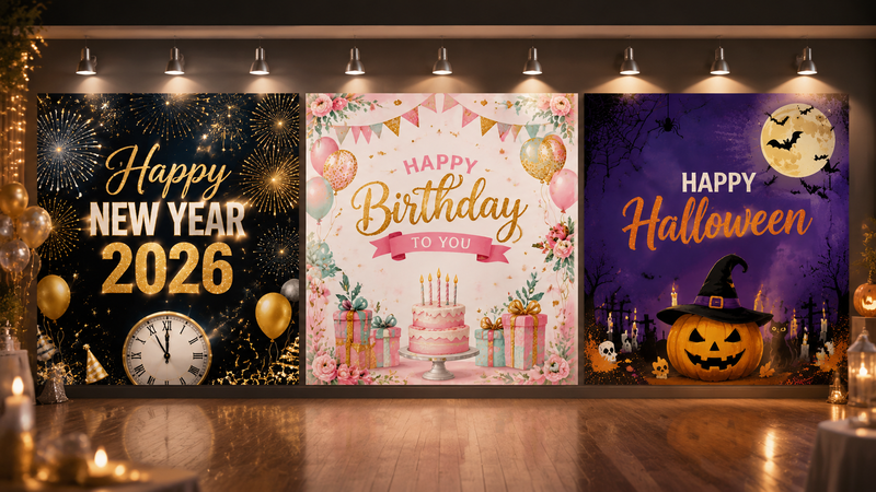 CThree themed backdrop banner designs featuring New Year 2026, Birthday Party and Halloween with immersive festive backgrounds and vibrant decorative elements.