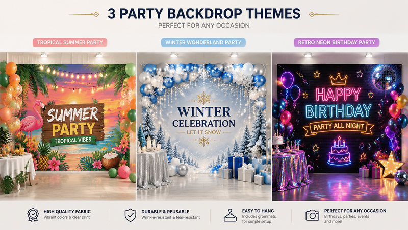Three different party backdrop banner designs showcasing festive themes in vibrant colors and high-quality print.