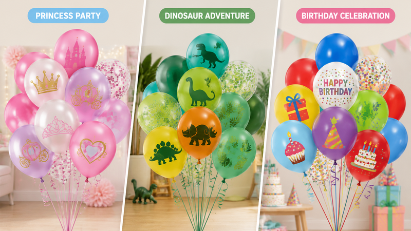 Custom themed party balloon bouquets with princess, dinosaur and birthday designs for wholesale events